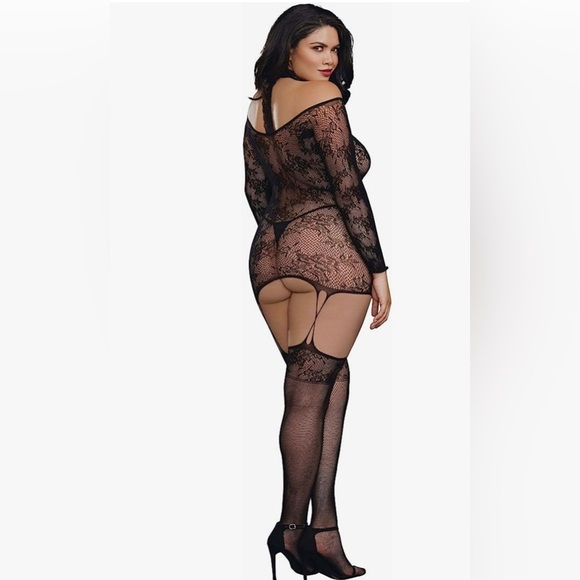 Dreamgirl Women's Plus Lace Patterned Knit Garter Dress with Stockings Black - Picture 9 of 11